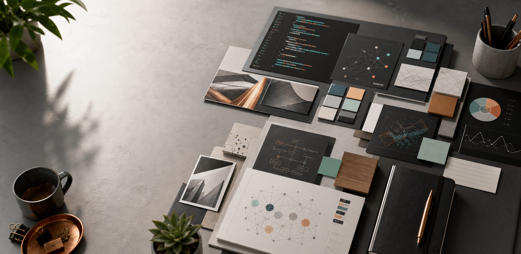 A refined workspace with project boards, analytics sketches, design swatches, and interface panels.